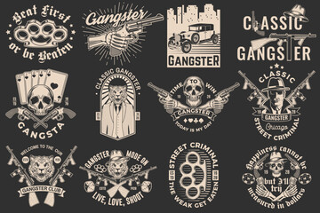 Set of gangster club badge design. Vector illustration. Vintage monochrome label, sticker, patch with gangster, submachine gun and tiger gangster skull silhouettes.