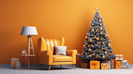 Interior of living room with Christmas tree, sofa and armchair
