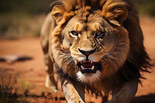 Close-up of the head of an aggressive lion ready to attack. The king of beasts with a large lush head of hair looks with a confident regal look. Wild animal illustration for cover, banner, brochure 