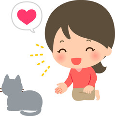 しゃがんで猫に話しかける女性、猫好き