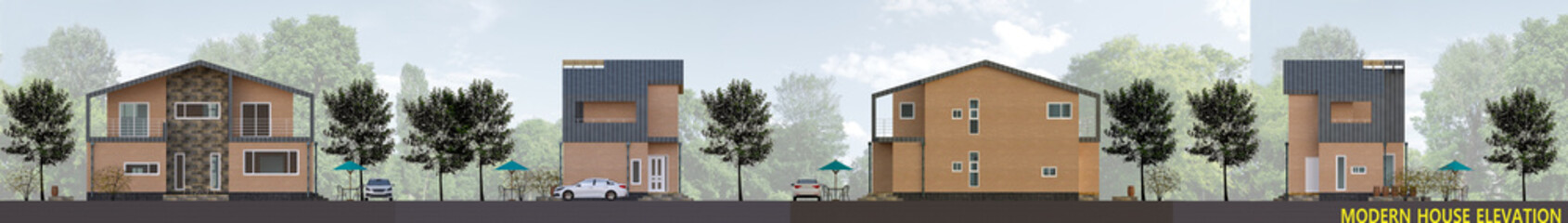 Architectural illustration of a modern house elevation with brick finish and zinc roof