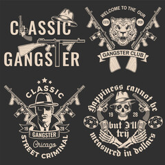 Set of gangster club badge design. Vector illustration. Vintage monochrome label, sticker, patch with gangster, submachine gun and tiger gangster skull silhouettes.