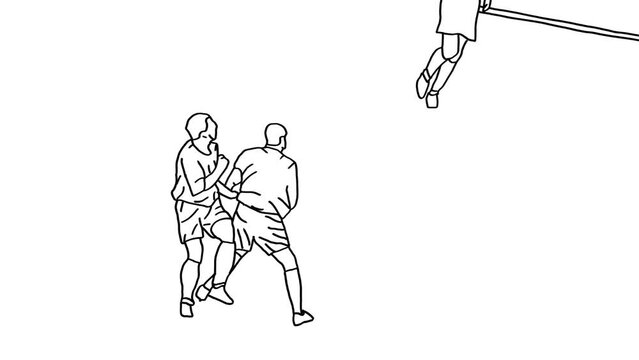 Line drawing animation of a football goalie kicking the football on the football field. Other players receive the ball, 4k Doodle
