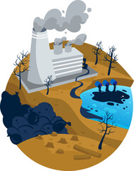 Factory pollution environmental damage with smoke, dead trees, polluted water. Climate change and industrial impact concept vector illustration.