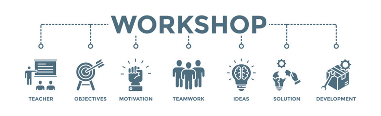 Workshop banner web icon vector illustration concept with icon of teacher, objectives, motivation, teamwork, ideas, solution, and development