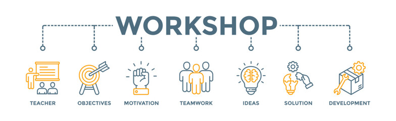 Workshop banner web icon vector illustration concept with icon of teacher, objectives, motivation, teamwork, ideas, solution, and development
