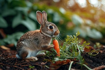 Naklejka na ściany i meble Rabbit in a garden proudly holding a freshly harvested carrot the earthy colors and textures creating a wholesome and picturesque image of natural delight