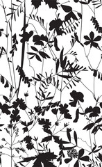 Seamless pattern. Field flowers and grasses, line drawing. Vector illustration
