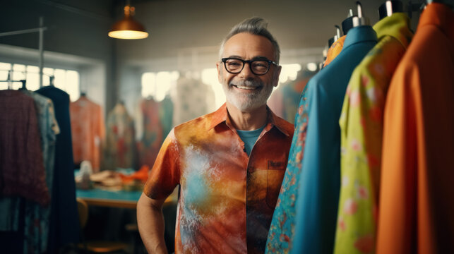 concept of retirees returning back to work, elderly employees, Unretirement: Fashion designer man in the sewing workshop of his own fabric and clothing production