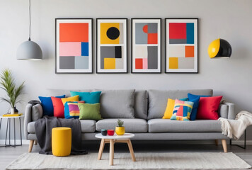 Light grey sofa with colorful multicolored pillows against wall with four art poster frames. Pop...