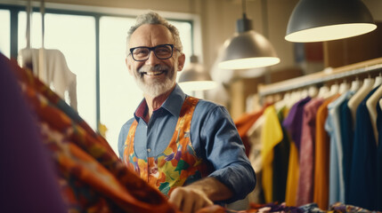concept of retirees returning back to work, elderly employees, Unretirement: Fashion designer man in the sewing workshop of his own fabric and clothing production - obrazy, fototapety, plakaty