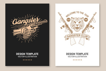 Set of gangster banner, poster. Vector illustration. Vintage monochrome label, sticker, patch with skeleton hand holding a revolver, submachine gun and tiger gangster skull silhouettes.