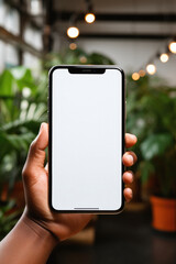 Male hand holding smartphone with blank screen on blurred background of green plants