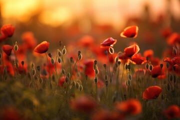 Fototapeta na wymiar A field of poppies glows with the last light of day, a natural tribute to the fallen on ANZAC Day