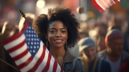 A radiant woman beams with pride, waving the American flag amidst a diverse crowd in a celebration of unity - obrazy, fototapety, plakaty