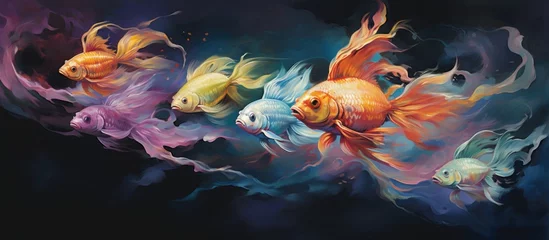 Fotobehang Colorful fish glide gracefully, creating ripples--a tranquil aquatic ballet beneath the open sky. © TheWaterMeloonProjec