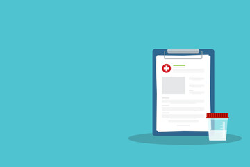 Semen test medical sample in a glass tube and medical lab analysis form list with results data. Medical semen test records concept. Chemical laboratory analysis.