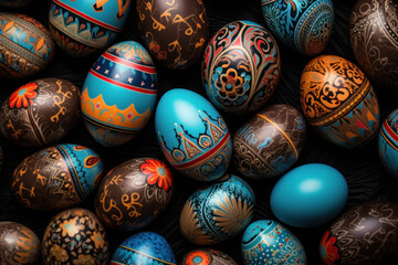 An exquisite collection of intricately decorated Easter eggs showcases a rich tapestry of traditional designs and colors