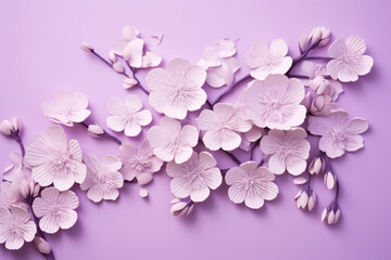 Naklejka na ściany i meble Delicate paper cherry blossoms bloom on a lavender backdrop, a creative homage to the beauty of Hanami