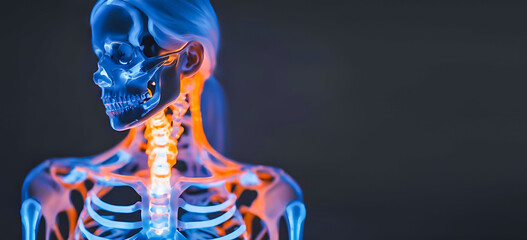 x ray of human neck pain anatomy, woman with scanned burning skeleton