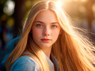 Portrait of a beautiful blonde girl with blue eyes and long hair