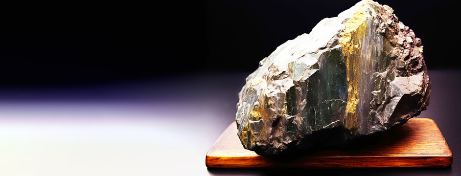 Argentite is a rare precious natural stone on a black background. AI generated. Header banner mockup with space.
