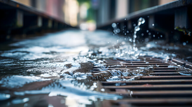 A stream of water flowing into a drainage grate on the street of a city