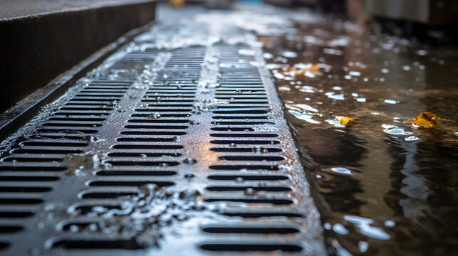 A stream of water flows into a drainage grate on a city street