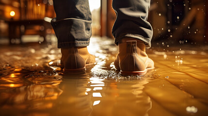 Close up of a man's feet in rubber boots standing in a flooded house - obrazy, fototapety, plakaty