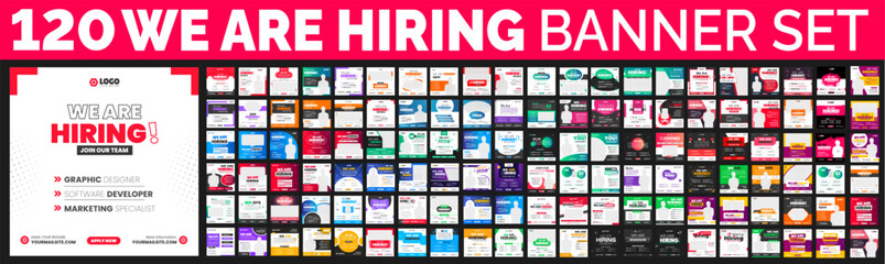 120 big mega bundle of We are hiring job vacancy social media post banner design set template. We are hiring job vacancy square web banner design bundle. Hiring banner set. Hiring Banner bundle. - obrazy, fototapety, plakaty