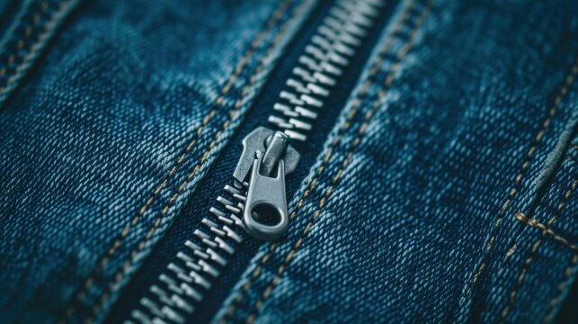 A close up of a zipper on the side of some blue jeans, AI