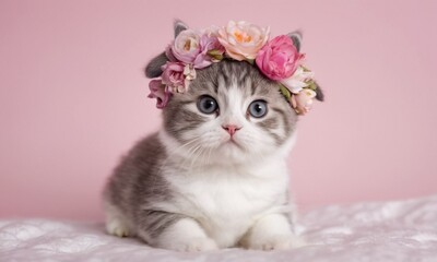 studio photo of a cute Scottish Straight kitten with pink flowers on a white blanket