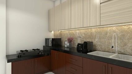 Wooden Kitchen Cabinet Design with Black Granite Countertop and Marble Backsplash
