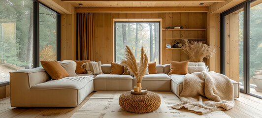 Fototapeta na wymiar Stylish Modern Living Room with Elegant Decor and Ceiling Beams - Cozy Home Design, Generative AI