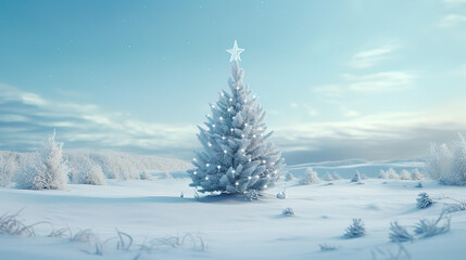 A christmas tree stands out in an icy snow scene