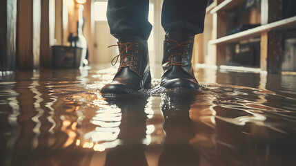Man's feet with rubber boots standing in a flooded house