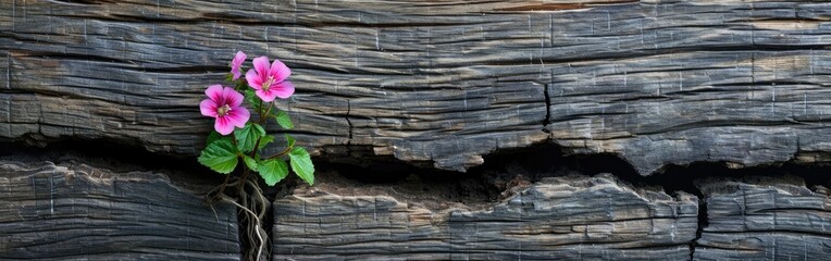 Flower's roots sprout through a wood crack.