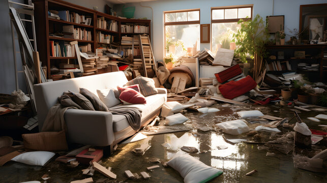 Interior of home full of goods damaged by flood water