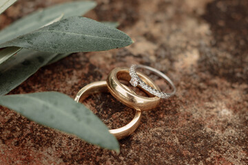 boho chic wedding rings in a rustic place