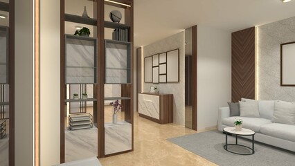 Modern Living Room Interior Design with Wooden Divider Partition Cabinet