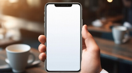 Mockup of a hand holding smartphone with white screen in cafe
