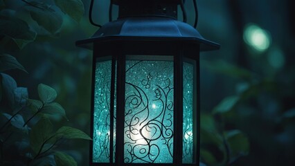 Aesthetic vibes come to life in the nocturnal setting, courtesy of a stylish blue-green lantern