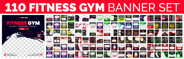 110 big mega bundle of Fitness gym social media post banner template set. 110 big mega collection bundle. gym, Workout, fitness and Sports social media post banner set. - obrazy, fototapety, plakaty