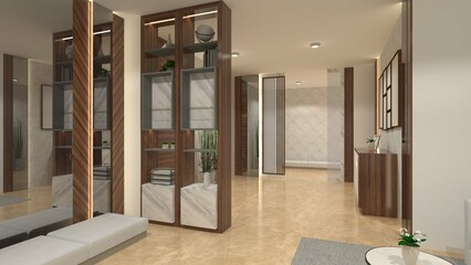 Interior Corridor Design with Cushion Bench and Divider Partition