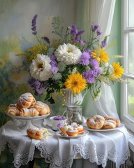 Flowers bouquets with pastries on table