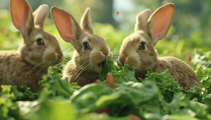 Rabbits enjoying a meal of fresh vegetables their expressive faces showcasing contentment and delight