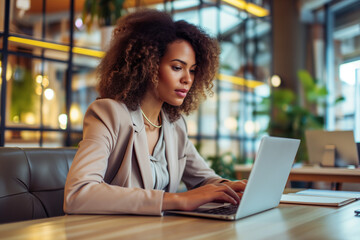 African-American Business woman working on a laptop in office settings.