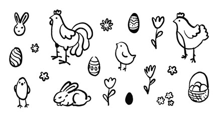 Set of Easter hand drawn elements. Eggs, bunny, chicken, flowers isolated on white background. Black and white simple vector illustration. Cute Easter decoration.  © Diana