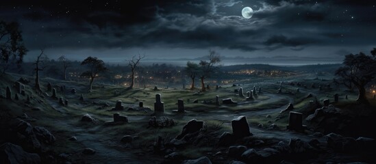 nighttime burial ground illuminated by moonlight - obrazy, fototapety, plakaty
