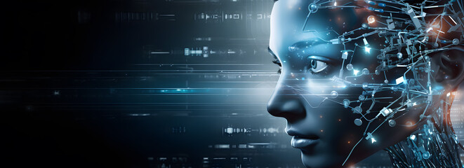 AI robot futuristic technology android or cyber humanoid. Artificial Intelligence cyborg robot in 3D. With copy space.
